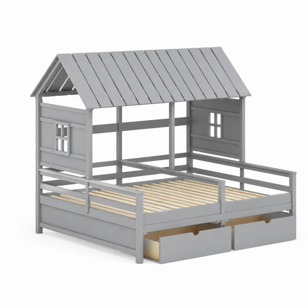 Kinderhausbett aus Kiefernholz mit Schubladen Grau