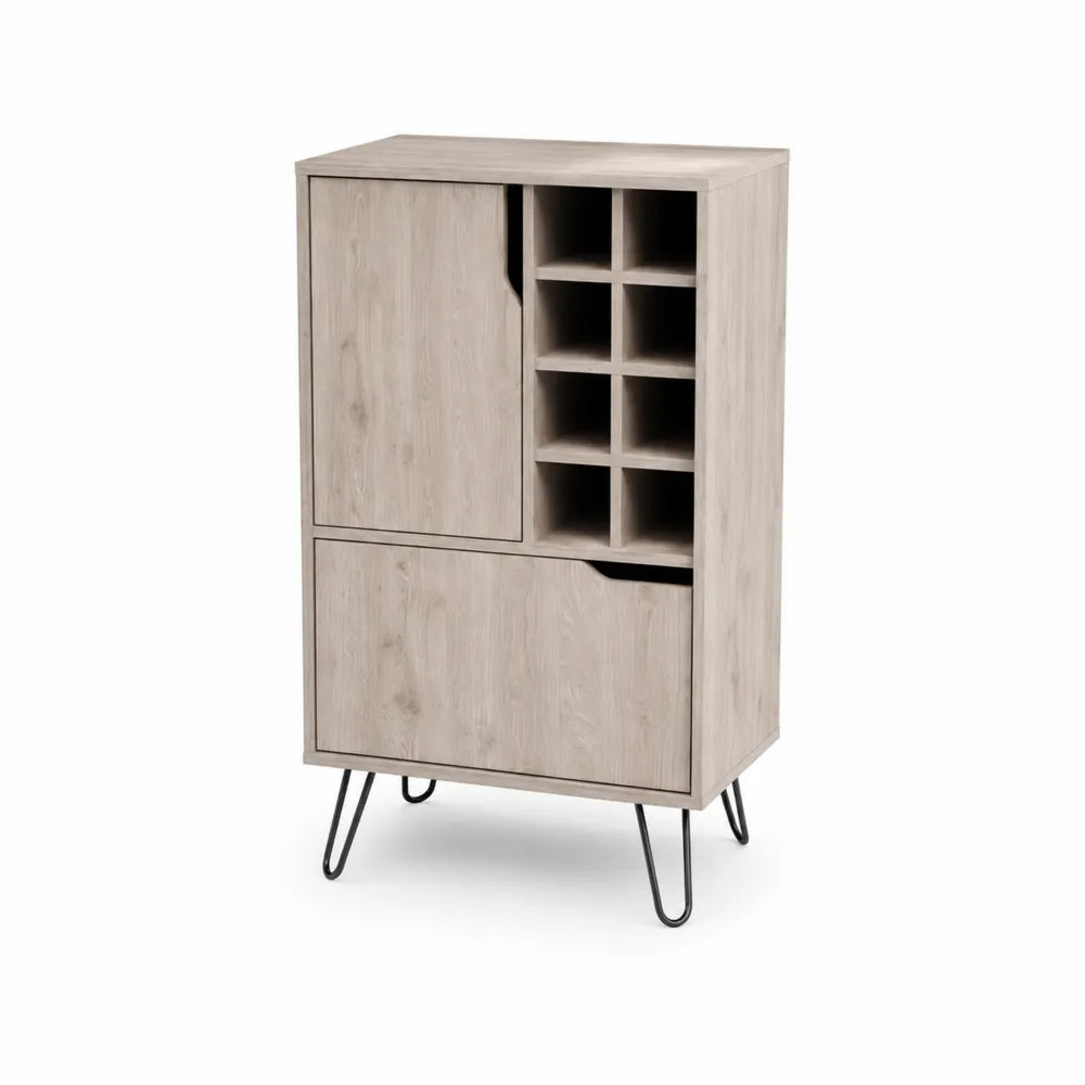 Eichenholz-Barschrank mit Weinregal und Metallbeinen