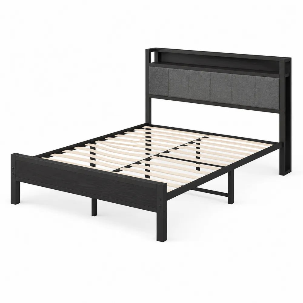 Metall- und MDF-Bettgestell mit Kopfteil Schwarz 200x140 cm